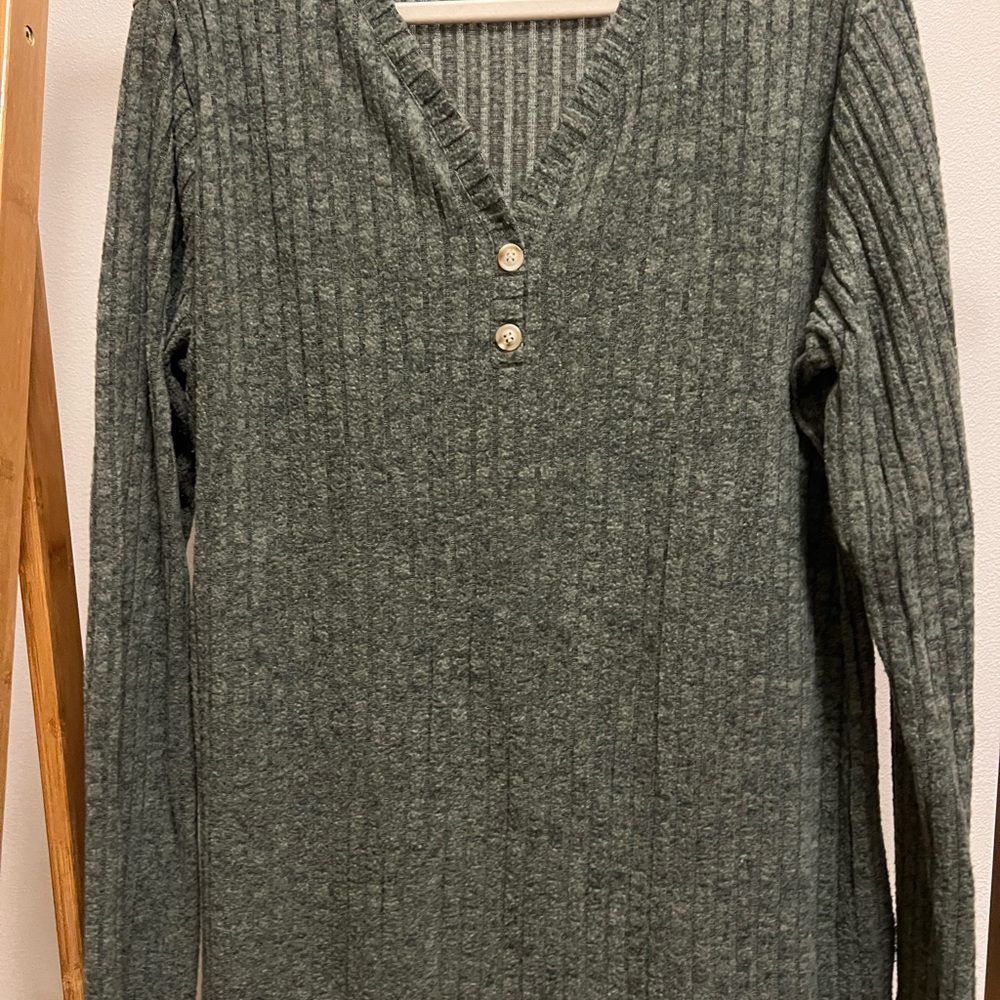 Green Ribbed V-Neck Sweater